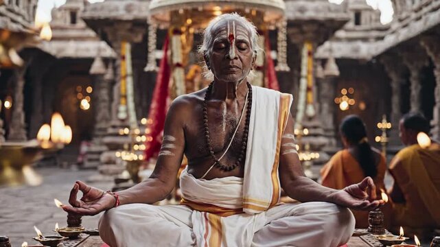 Elderly man in traditional Indian attire meditating with eyes closed in a sacred temple courtyard, surrounded by lit oil lamps and ornate architecture, conveying peace and spirituality