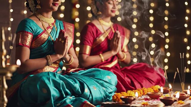 Two women in traditional Indian saris meditating with hands clasped, surrounded by lit diyas and incense smoke, festive lights in background