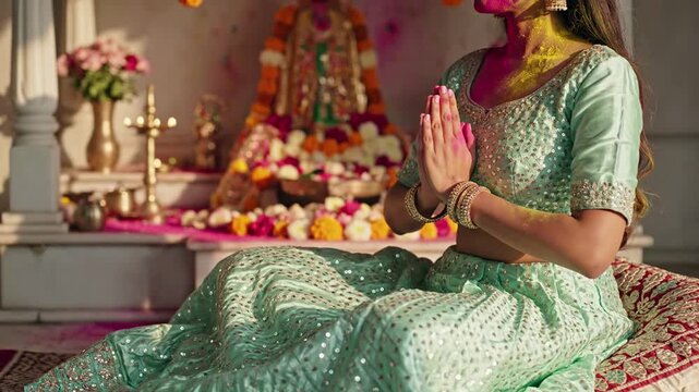 Woman in traditional Indian attire celebrating holi festival, hands in prayer, colorful powders dust, devotional atmosphere, prayerful mood, spiritual ritual