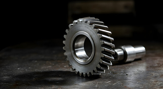 Commercial photography heavy industrial steel gear resting dark oily workbench pitch black.