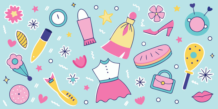 Fashion and beauty accessories pattern with flowers makeup and clothing high quality