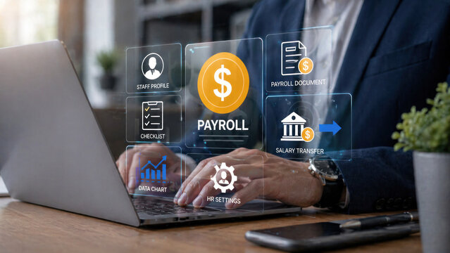 A professional works on payroll management using a modern computer system.