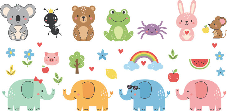 Cute animal doodle set for nursery design featuring elephants koala bear frog rabbit and nature elements in a soft kawaii hand-drawn style.
