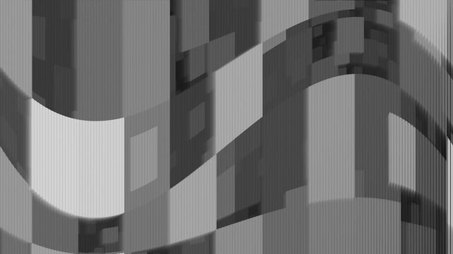 Abstract black and white geometric blocks waving in a curved seamless motion loop background