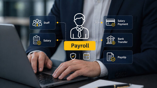 A business person managing payroll on a laptop in an office setting