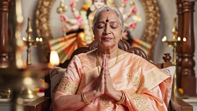 Elderly Indian woman in traditional sari praying with hands clasped, serene expression, seated in a temple setting with a goddess idol and oil lamps