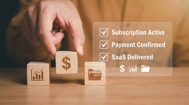 Hand placing wooden block with dollar sign on table with subscription payment and saas delivery icons