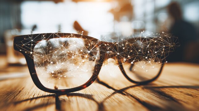 A double-exposure illustration featuring a pair of glasses placed on a table, blended with a social network-themed visual. The composition symbolizes people 