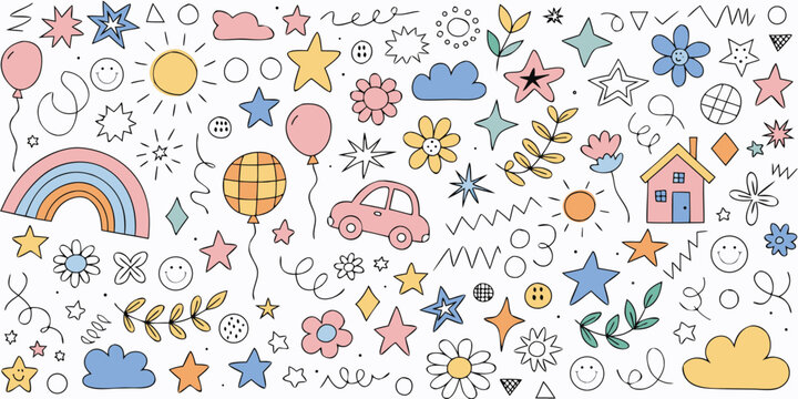 Hand drawn doodle pattern with suns rainbows flowers and playful elements on white