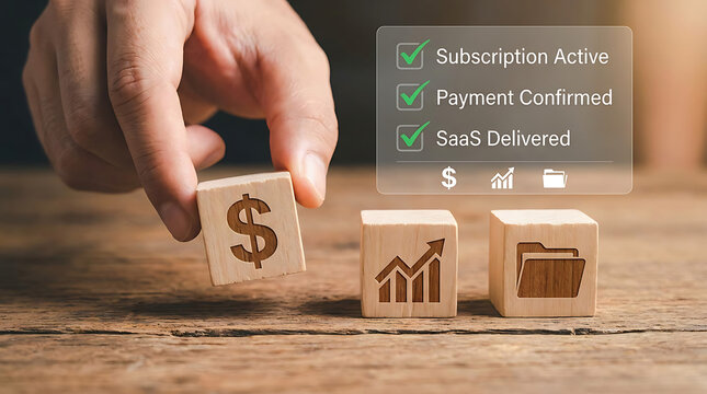 Hand placing dollar block on wooden table with business icons and subscription status checklist