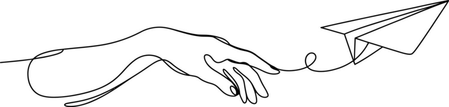 Continuous line drawing of a human hand throwing a paper airplane