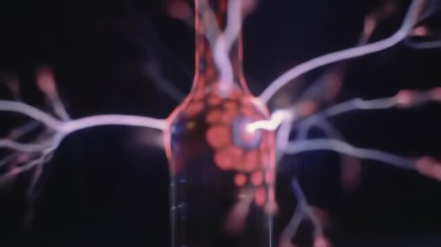 Macro shot of electric plasma filaments discharging around a central chamber with glowing red nodes