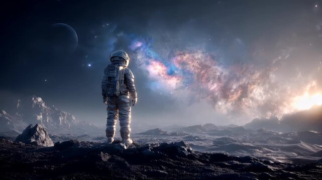 Space universe exploration, fantasy, mysterious. A vivid digital artwork depicts an astronaut standing on a rocky surface, gazing at a vast expanse of space. The astronaut wears a fullbody space suit.
