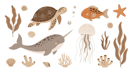 Ocean Animal Icon Set Featuring Narwhal, Turtle, Fish, Jellyfish, Starfish, and Coral with Underwater Plants and Shells for Marine Designs © mdferozhossain