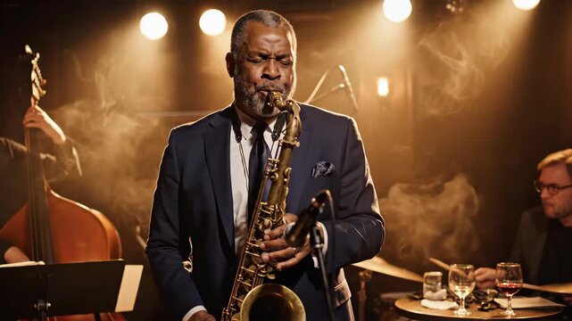 Medium shot of senior African American saxophonist playing in smoky jazz club under warm spotlights