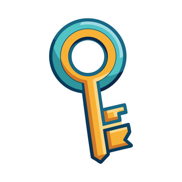 Gold key with blue keyring and loop on white background