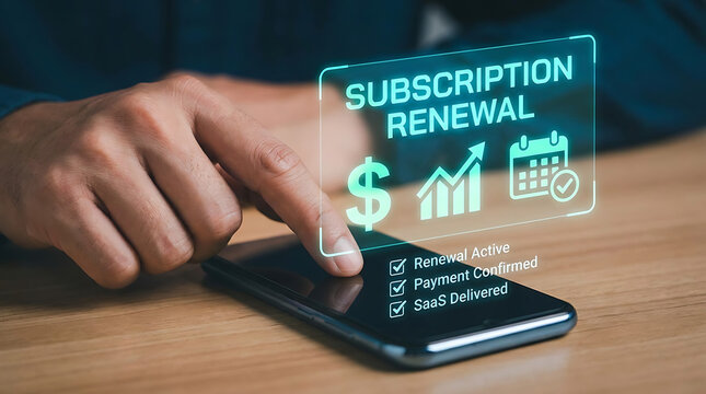 Hand tapping smartphone with subscription renewal notification on screen symbolizing online payment and digital services