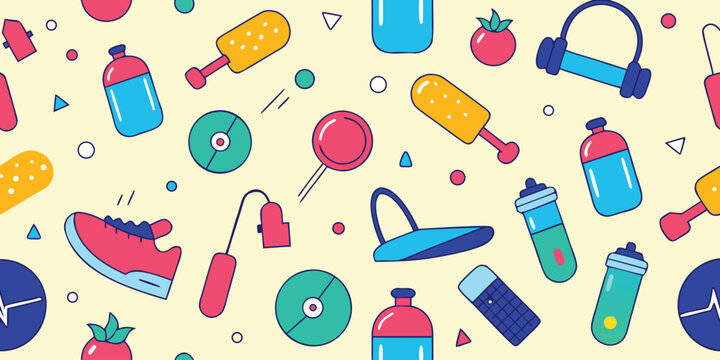 Colorful pattern of sports and fitness equipment vector illustration on a pale yellow background