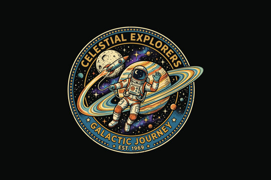 Vintage Astronaut Space Badge Illustration with Saturn and Galaxy Concept