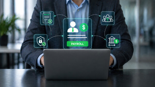 A businessperson accessing a payroll system on a laptop in an office