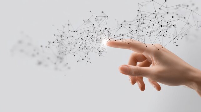 Close-Up of Human Hand Interacting with AI-Powered Knowledge Base System Represented by Network of Connections