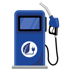 Fototapeta premium 4000Blue electric vehicle charging station with green energy leaf icon and fuel nozzle concept for sustainable transportation and eco friendly infrastructure