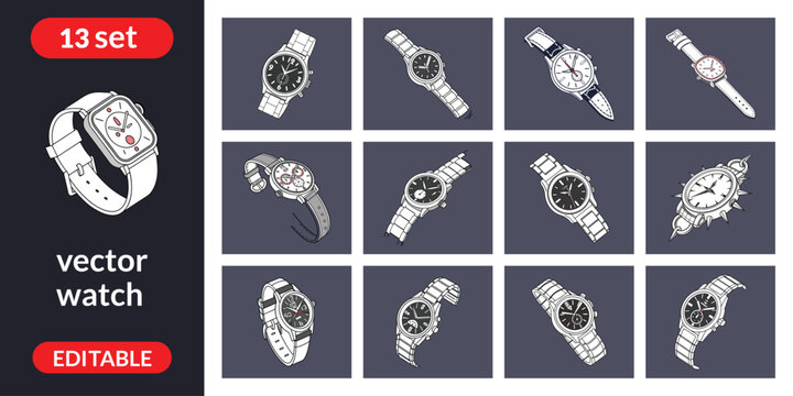 Thirteen of analog wristwatches in blue and white analog watch