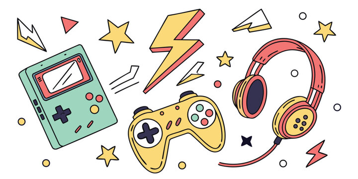Gaming accessories illustration with handheld console controller and headphones on white