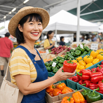 mature asian woman smiling at farmers market holding fresh bell pepper