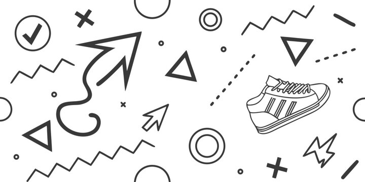 Geometric pattern with arrows triangles and a sneaker line drawing on white background