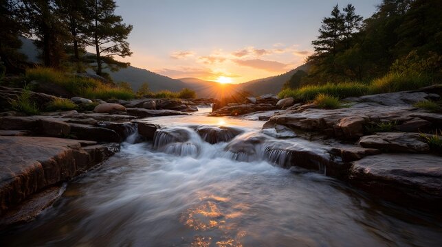 Golden hour light illuminates a cascading river flowing over rocks in a temperate forest at sunrise