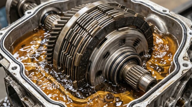 Wet friction clutch assembly immersed in lubricating fluid with visible seals and rotating parts driving power transmission.