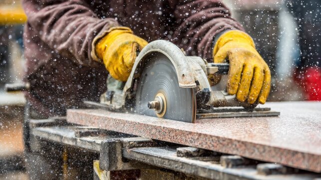 Construction worker uses a handheld circular saw to cut through a slab of granite stone.