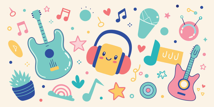 Musical instruments and notes pattern colorful vector illustration with headphones and guitars
