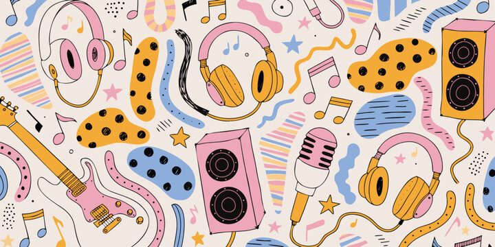 Musical instruments and notes pattern colorful vector illustration with white background