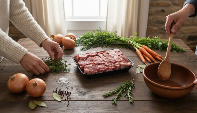 Organic beef stewing portions with farm fresh ingredients