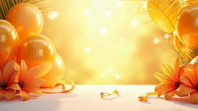 Summer sale mockup with tropical bird of paradise flowers golden balloons and ribbon on white terrace,celebration lifestyle 