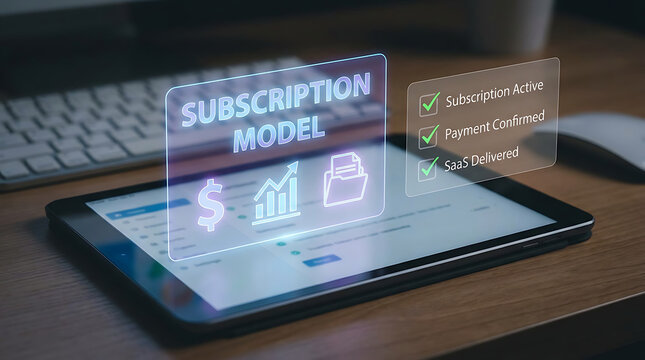 Glowing tablet with holographic subscription model overlay on screen displaying payment confirmed and success on a wooden desk with keyboard and mouse