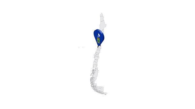 Location Valparaiso Region on map Chile. 3d Valparaiso  emblem map marker location pin. Map of Chile showing different parts. 4K.  Animated Video