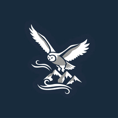 Fototapeta premium Minimalist white owl flying over mountains and waves, a sleek logo design symbolizing nature, wisdom, and freedom against a dark blue background.