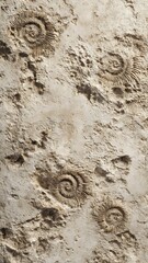 Naklejka premium Weathered Limestone Surface with Fossilized Ammonite Imprints Natural Stone Texture