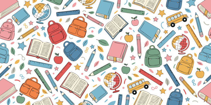 School supplies pattern with backpacks books apples and pencils on white background