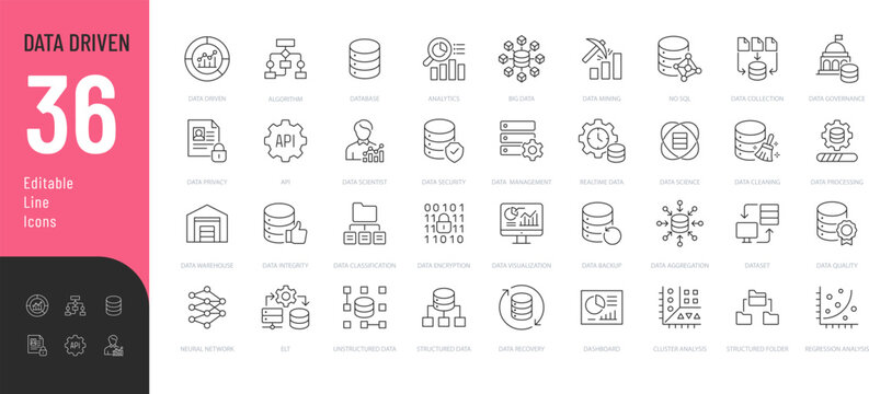 Data Driven Line Editable Icons set. Vector illustration in a modern thin line style of technology related icons: database, analysis, algorithm, and more. Isolated on transparent background.