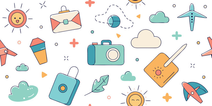 Travel themed pattern with suns airplanes suitcases and camera on white background