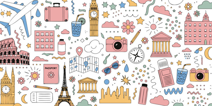Travel themed pattern with landmarks accessories and decorative elements in pastel colors