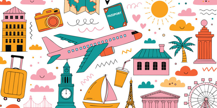 Travel themed pattern with airplane landmarks and vacation elements colorful vector illustration