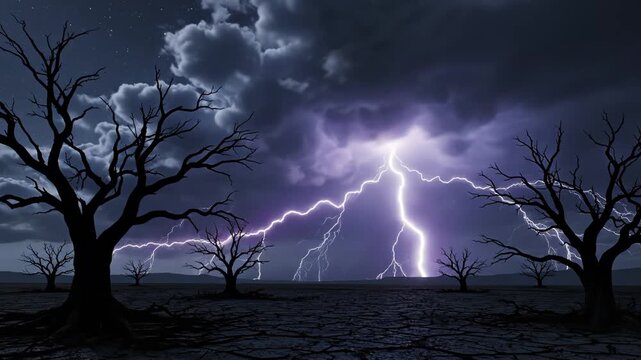 Lightning storm over barren trees perfect for scenic backgrounds and natural storytelling