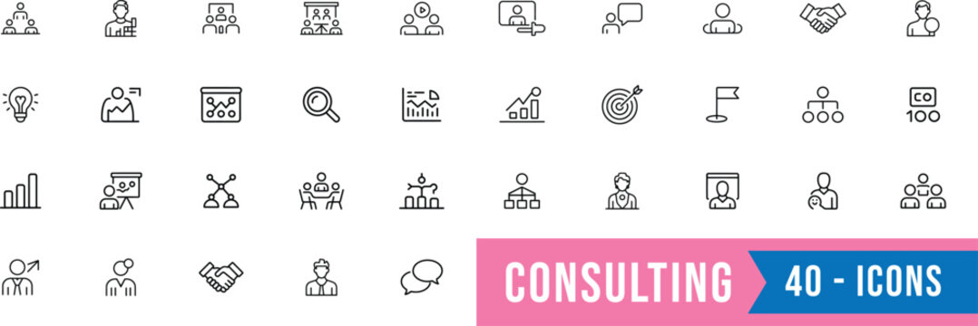 Consulting Line Icons Set. Business Strategy Management Teamwork Outline Icons. Ideal for business presentations, consulting firms, corporate websites, and infographic design.