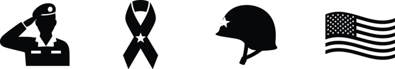 Military memorial and veterans day icon set with saluting soldier US flag army helmet mourning ribbon and gravestone silhouettes for patriotic honors.