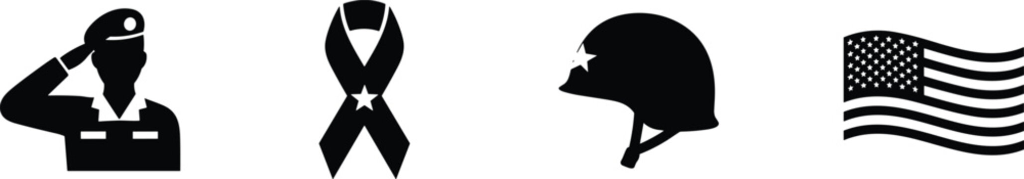 Military memorial and veterans day icon set with saluting soldier US flag army helmet mourning ribbon and gravestone silhouettes for patriotic honors.